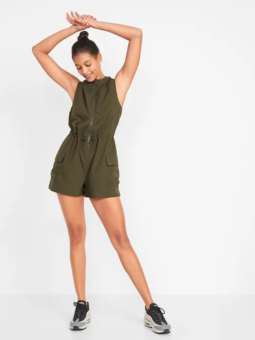 Old Navy StretchTech Olive Green Utility Romper Medium Zip Front Activewear